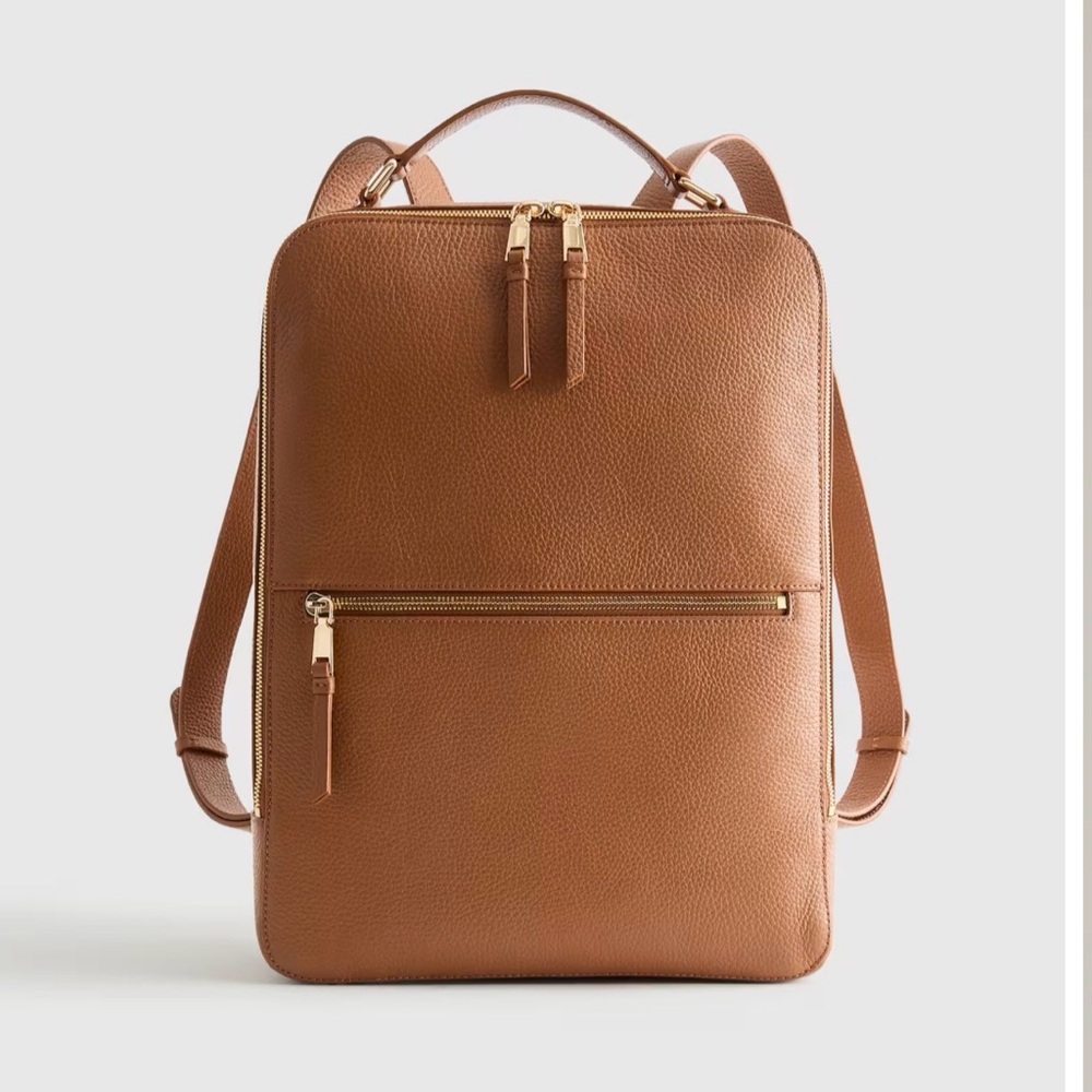 Italian Pebbled Leather Elevated Backpack Fits 16in laptop Gold accents Gorgeous